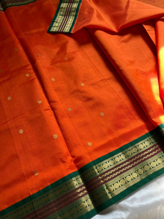 Orange & Green Pure Handloom Kanchi Silk-Cotton Saree with Rich Zari – Pattu Nool Edit by House of Thansha