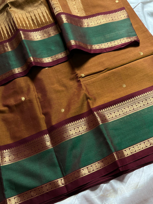 Honey brown 120 count Kanchi cotton saree with big zari border – House of Thansha