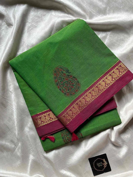 Green Kanchi Cotton Saree with small border and mango motif zari pallu – Zari & Thread Edit by House of Thansha