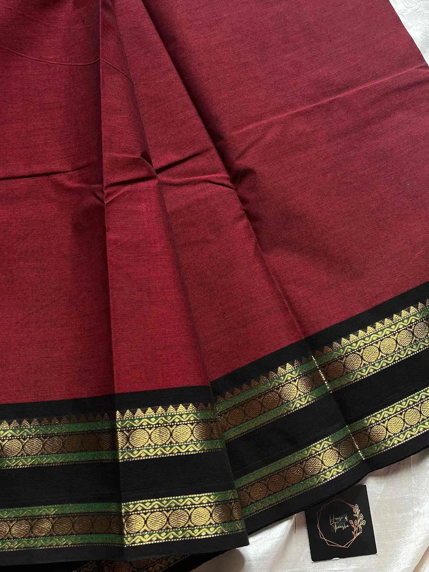 Maroon Kanchi cotton saree with subtle black golden zari border - Running blouse