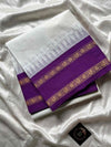 White Kanchi cotton saree with violet korvai border – House of Thansha