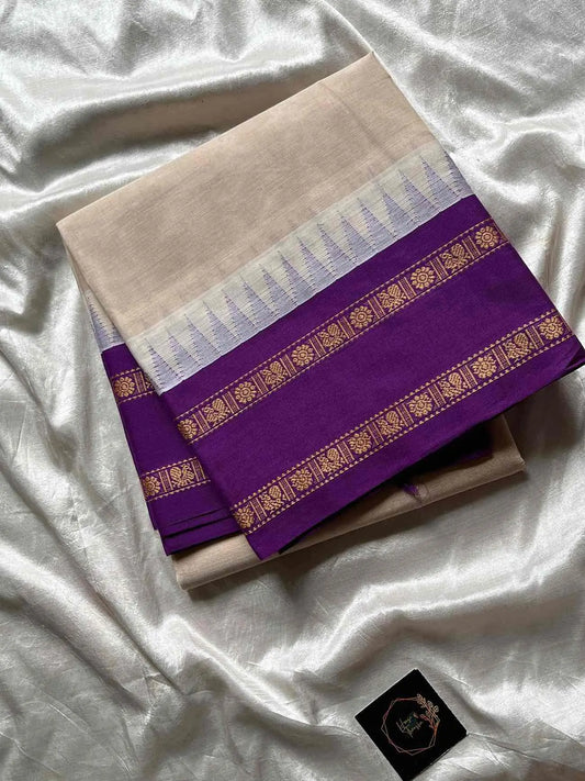 White Kanchi cotton saree with violet korvai border – House of Thansha