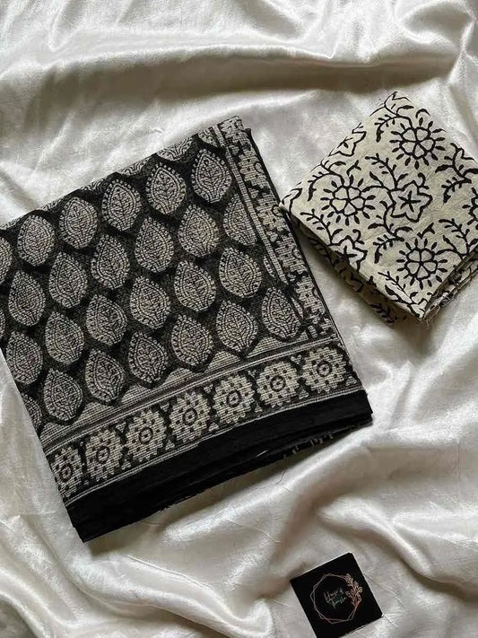 Kota Doria handblock saree with mulmul blouse – House of Thansha