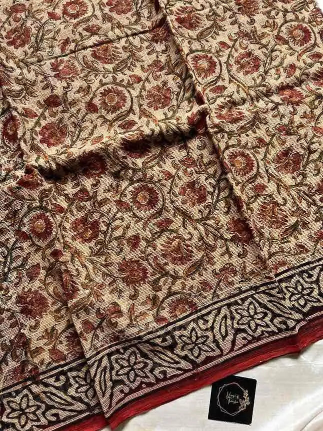 Kota Doria handblock saree with mulmul blouse – House of Thansha