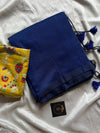 Blue Plain Khadi Cotton Saree with printed blouse piece, soft breathable fabric