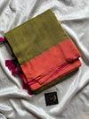 Green Plain Khadi Cotton Saree with contrast border and blouse piece
