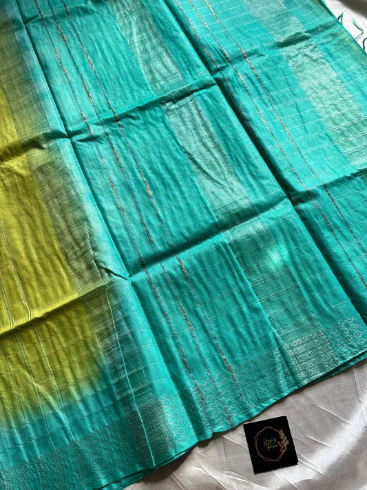 Green Slub Linen Saree with blue contrast border and blouse, breathable fabric