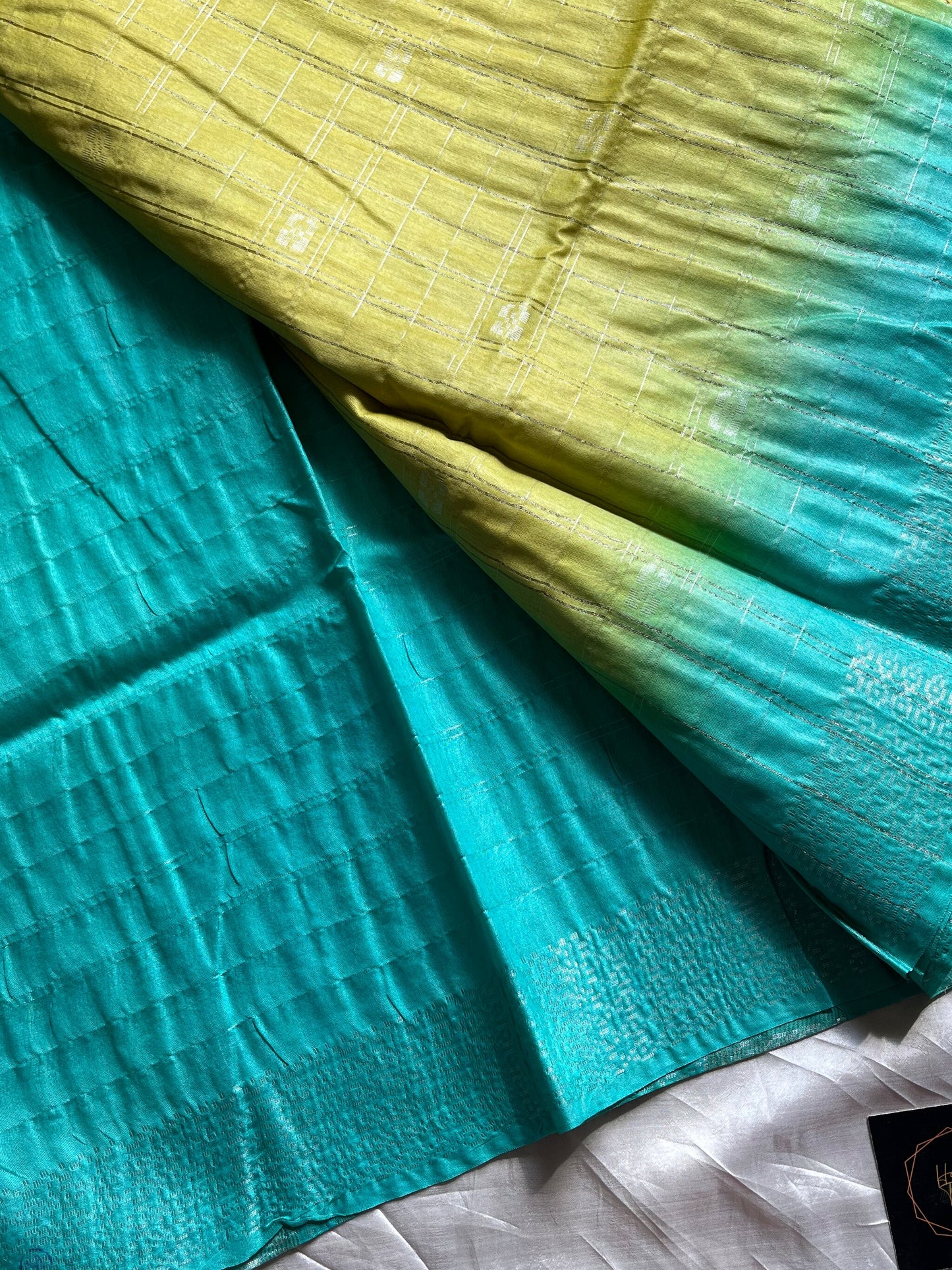 Green Slub Linen Saree with blue contrast border and blouse, breathable fabric