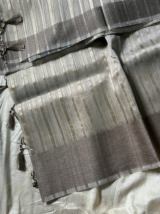 Silver Organza Tissue Saree with matching blouse