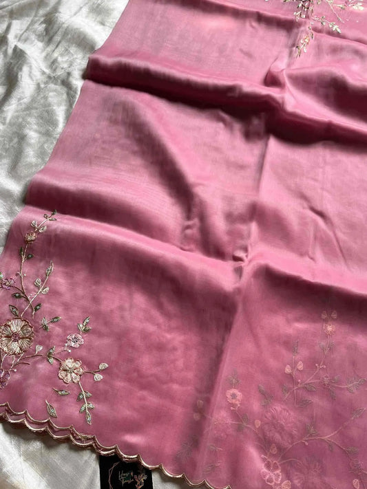 Soft organza saree with floral hand embroidery, flowy non-stiff drape by House of Thansha