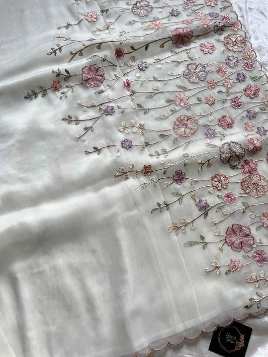 Soft organza saree with floral hand embroidery, flowy non-stiff drape by House of Thansha