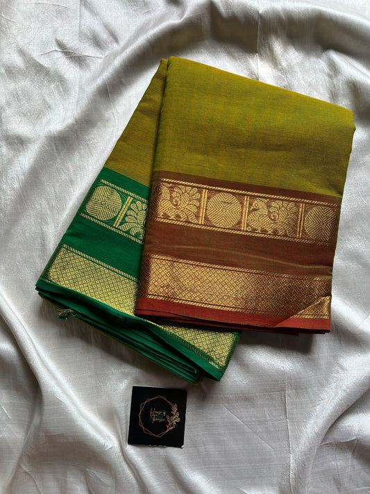 Green Chettinadu cotton saree with subtle weave and Ganga Jamuna border, 6 meters