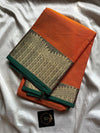 Orange Chettinadu cotton saree with subtle weave and green border, 6 meters