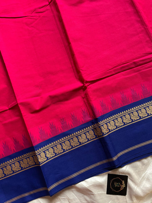 Pink Chettinadu cotton saree with thread-woven korvai border and running blouse