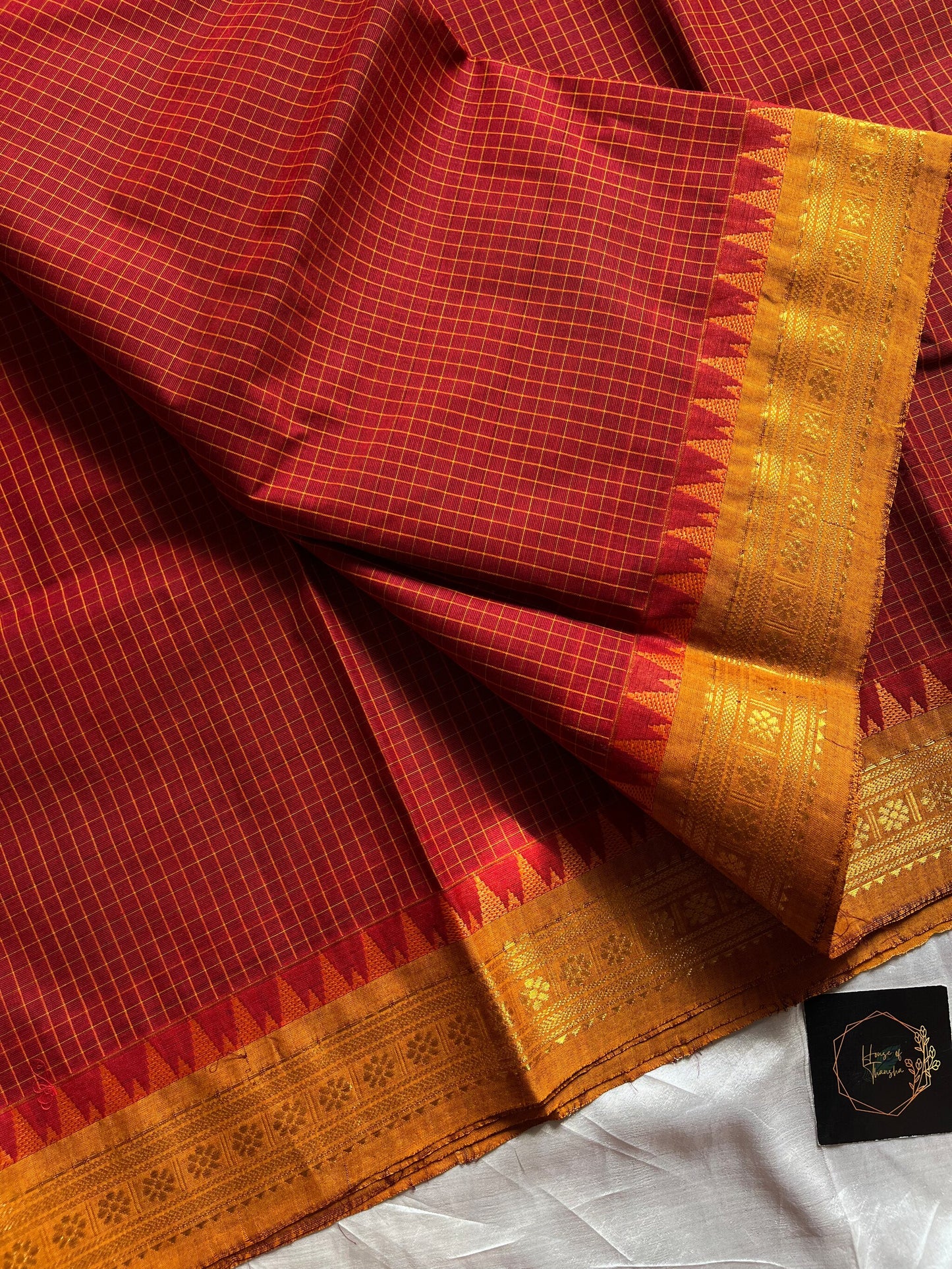 Mini Kattam maroon Chettinadu cotton saree with contrast border and running blouse, 6.3 meters, checked pattern