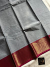 Grey Chettinadu cotton saree with subtle weave and pink border
