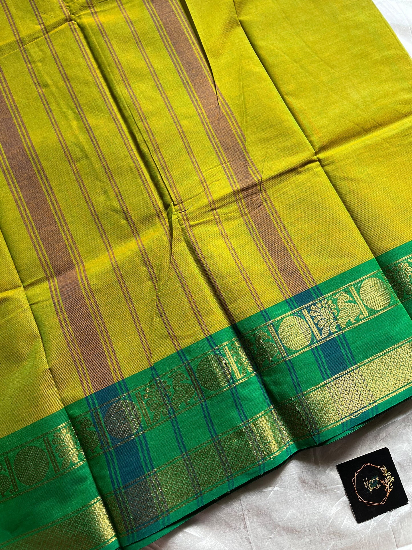 Green Chettinadu cotton saree with subtle weave and Ganga Jamuna border
