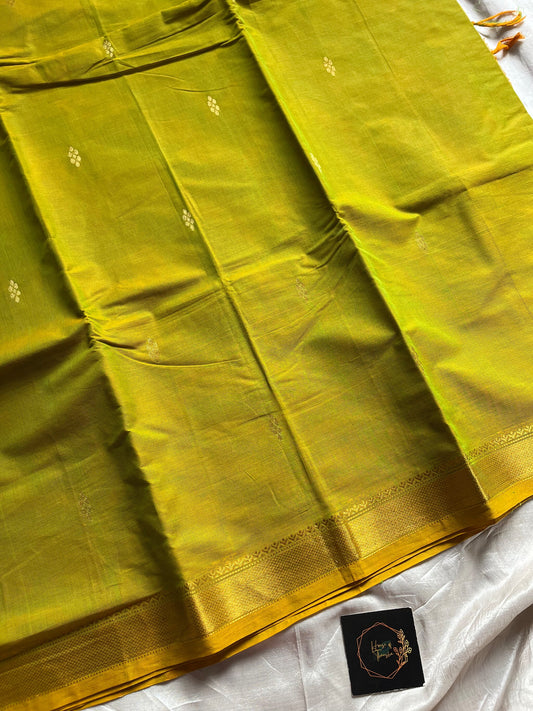 Yellowish green Chettinadu cotton saree with small golden zari border and zari motifs in body, 6 meters