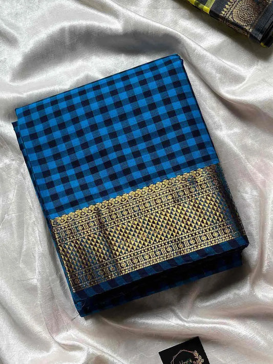 Blue checked handloom cotton saree – Mini Kattam