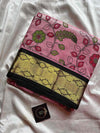 Pastel pink Kanchi silk cotton saree with black border and floral patterns – House of Thansha