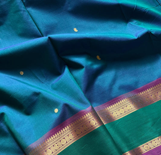 Peacock blue 120 count Kanchi cotton saree with big zari border – House of Thansha