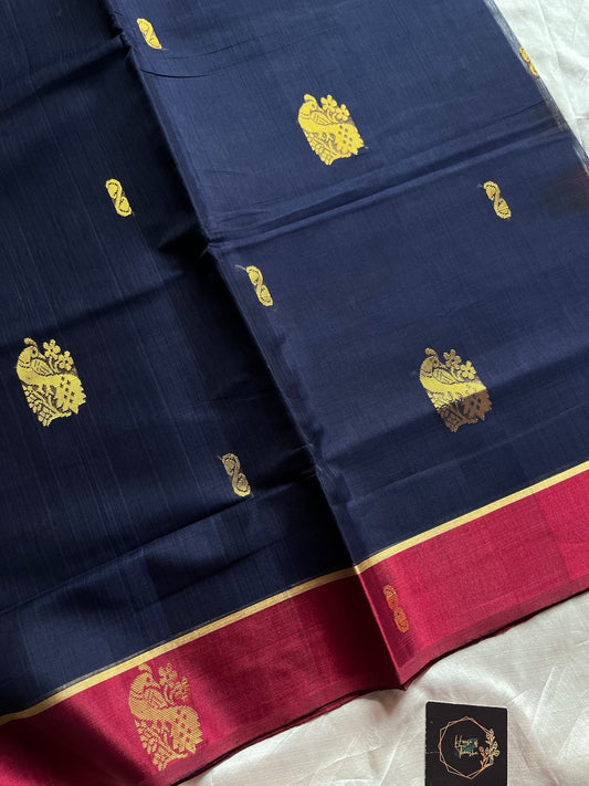 Devendra Vegan Weaves Dark Blue Handloom Art Silk Saree with Contrast Border and Pallu | House of Thansha