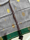Vegan Silk Saree – Grey & Green | Handloom Art Silk