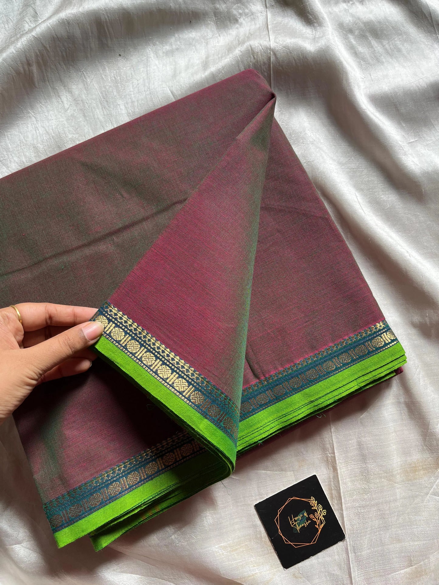 Woodland Rose 10 Yards Pure Kanchi Cotton Madisar Saree with earthy green, pink, and brown undertones – House of Thansha