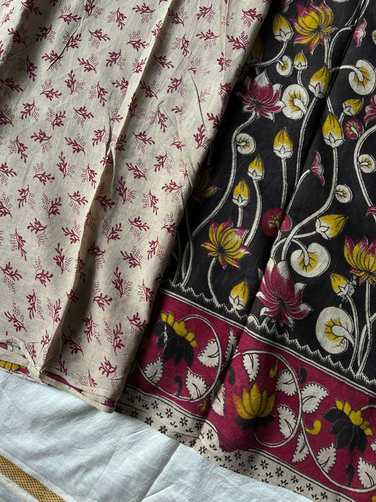 Black Kalamkari cotton saree with pen-drawn floral motifs – House of Thansha