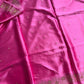 Rose pink Banarasi mashru silk saree with golden zari work and rich pallu.