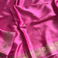 Rose pink Banarasi mashru silk saree with golden zari work and rich pallu.