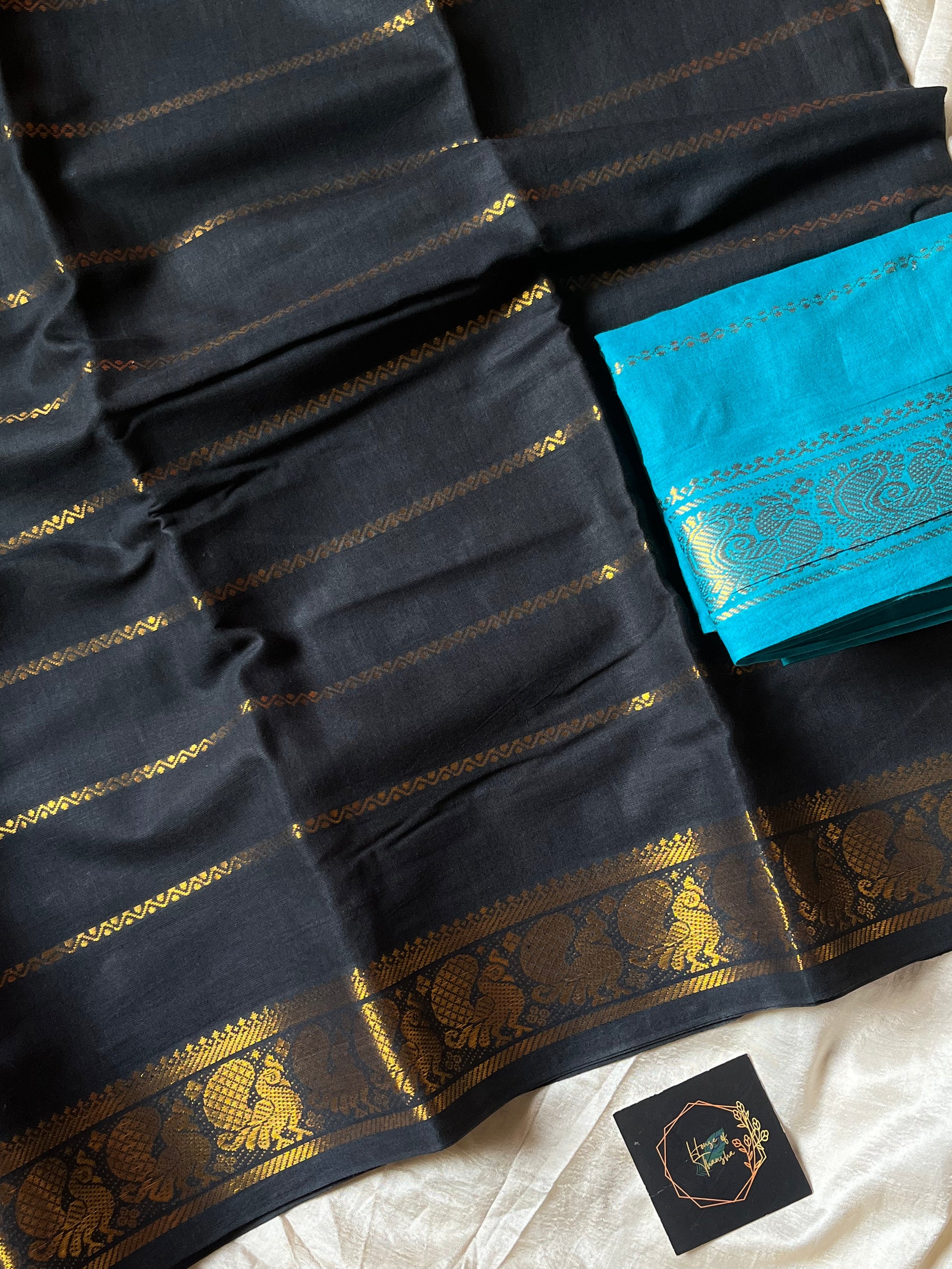 Black Sungudi cotton saree with velthari checks – House of Thansha