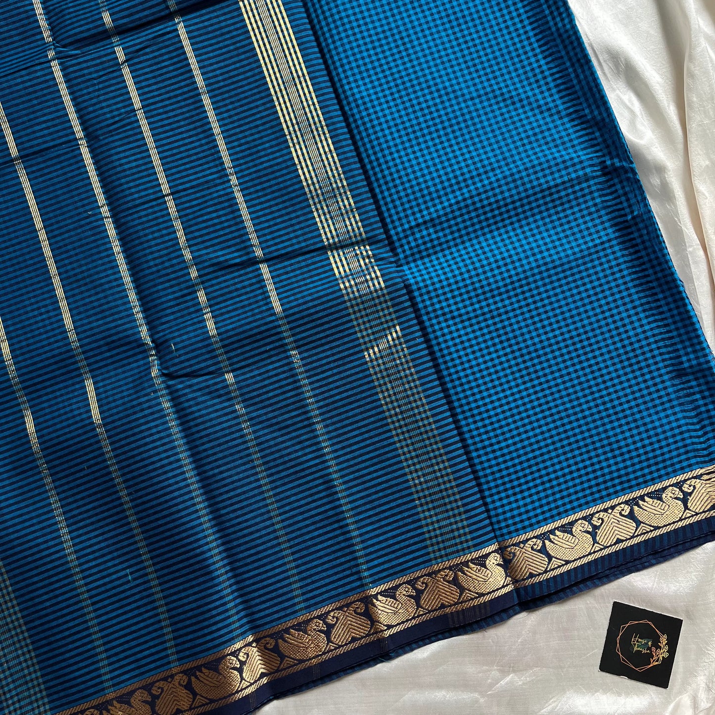 Blue Chettinadu cotton saree with dark blue border – Mini Kattam series