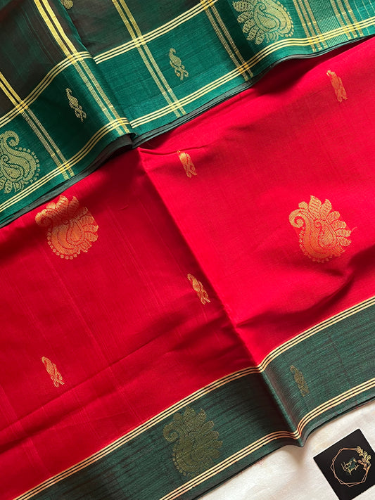 Red handloom art silk saree with green plain border and sari motifs – vegan silk by House of Thansha