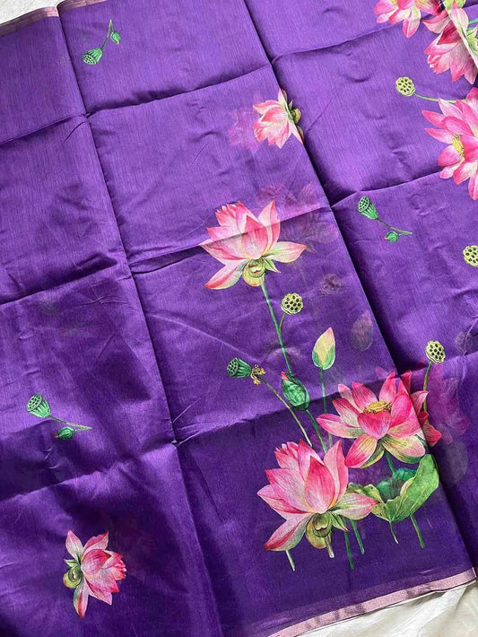 Soft Petal Drapes | Semi Chanderi Saree with Lotus Floral Prints | House of Thansha