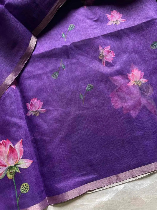 Soft Petal Drapes | Semi Chanderi Saree with Lotus Floral Prints | House of Thansha
