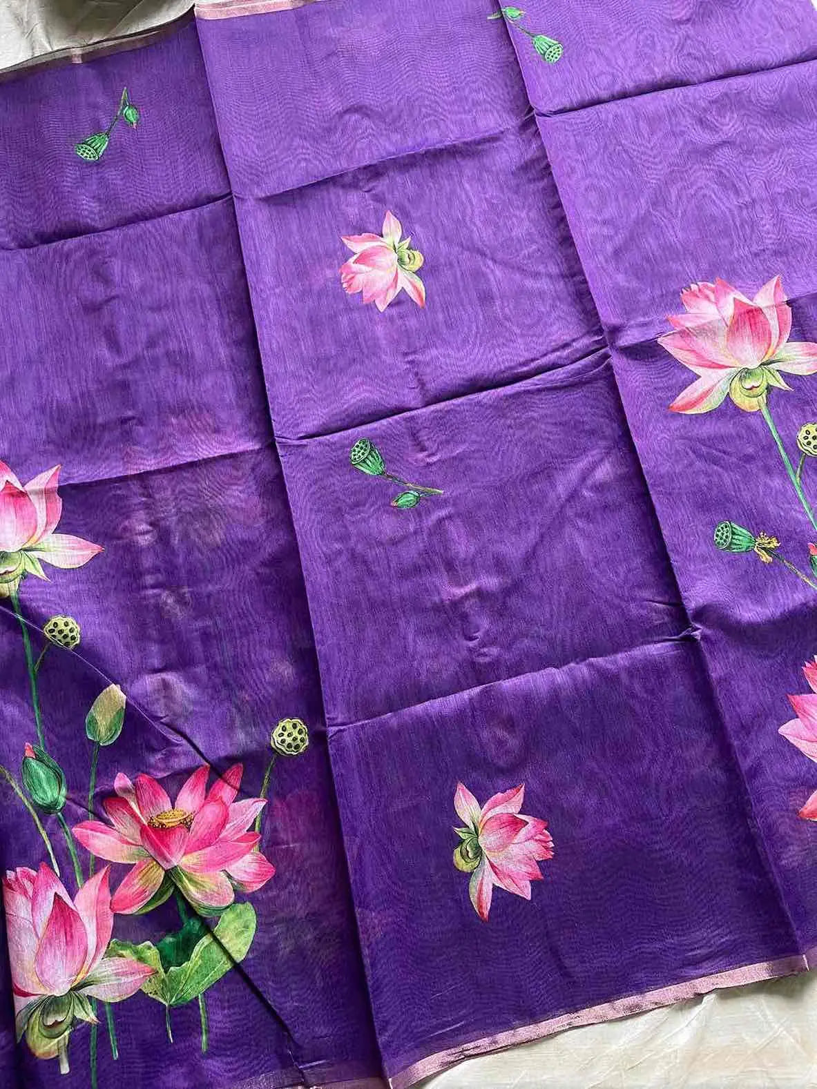 Soft Petal Drapes | Semi Chanderi Saree with Lotus Floral Prints | House of Thansha