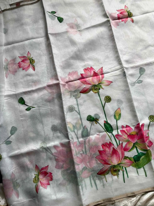 Soft Petal Drapes | Semi Chanderi Saree with Lotus Floral Prints | House of Thansha