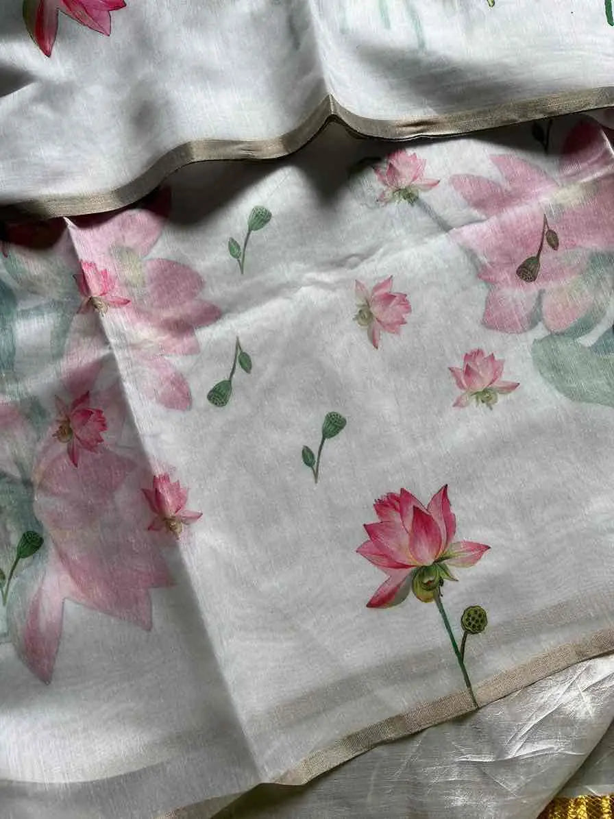 Soft Petal Drapes | Semi Chanderi Saree with Lotus Floral Prints | House of Thansha