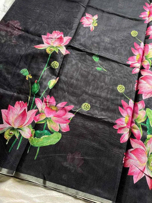 Soft Petal Drapes | Semi Chanderi Saree with Lotus Floral Prints | House of Thansha