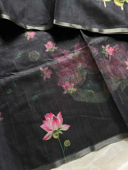 Soft Petal Drapes | Semi Chanderi Saree with Lotus Floral Prints | House of Thansha