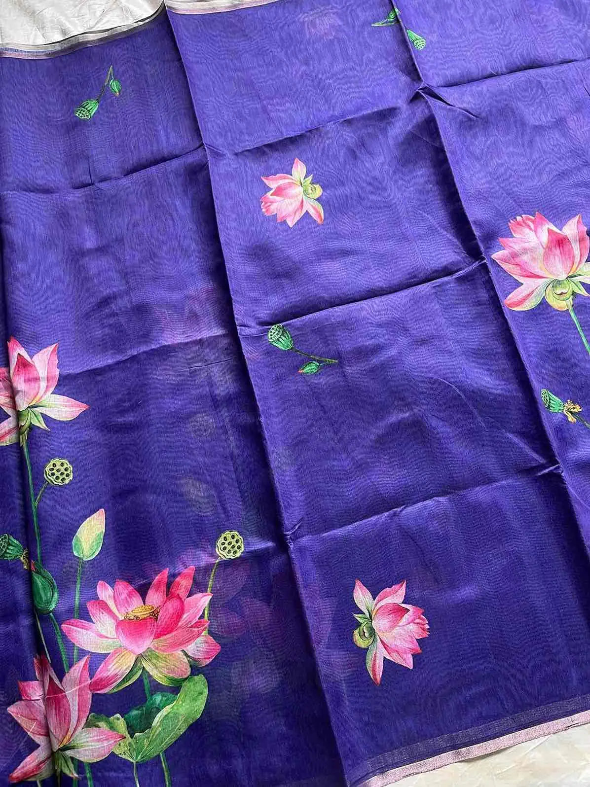 Soft Petal Drapes | Semi Chanderi Saree with Lotus Floral Prints | House of Thansha