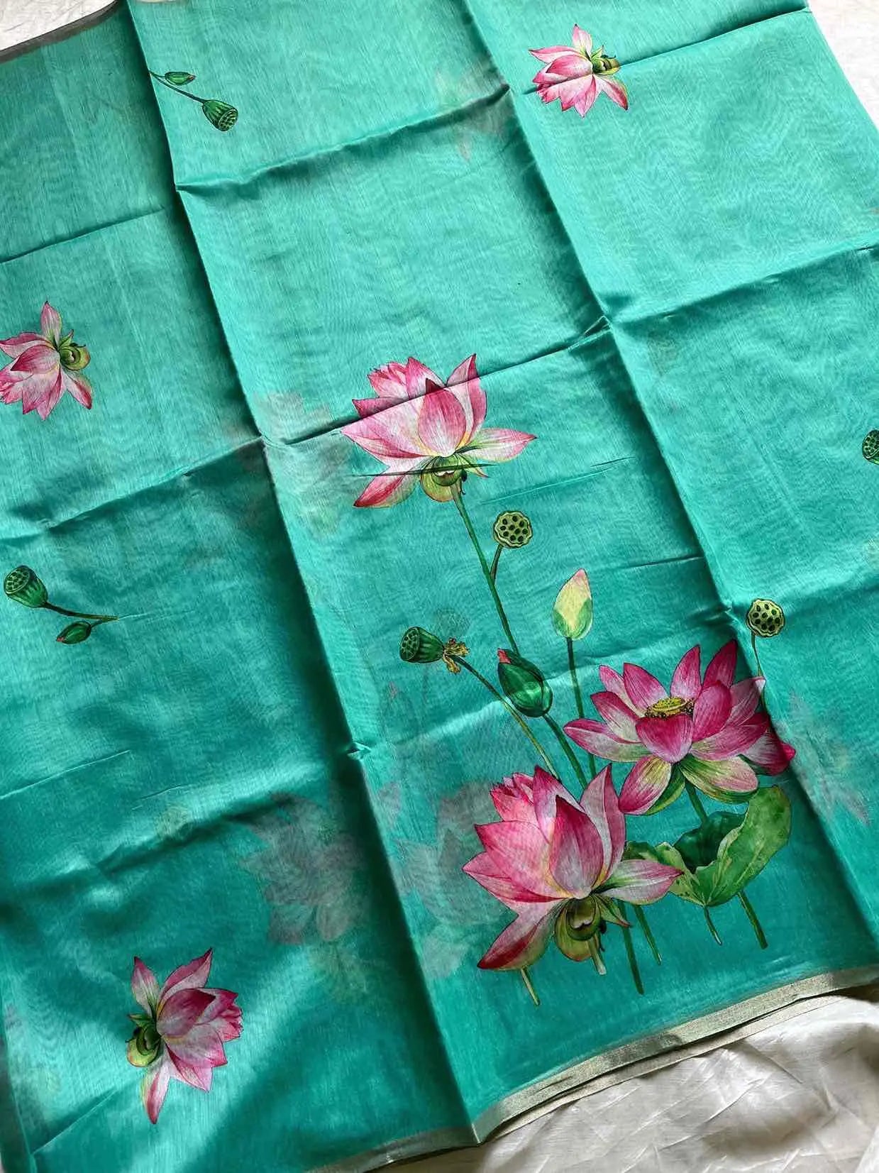 Soft Petal Drapes | Semi Chanderi Saree with Lotus Floral Prints | House of Thansha