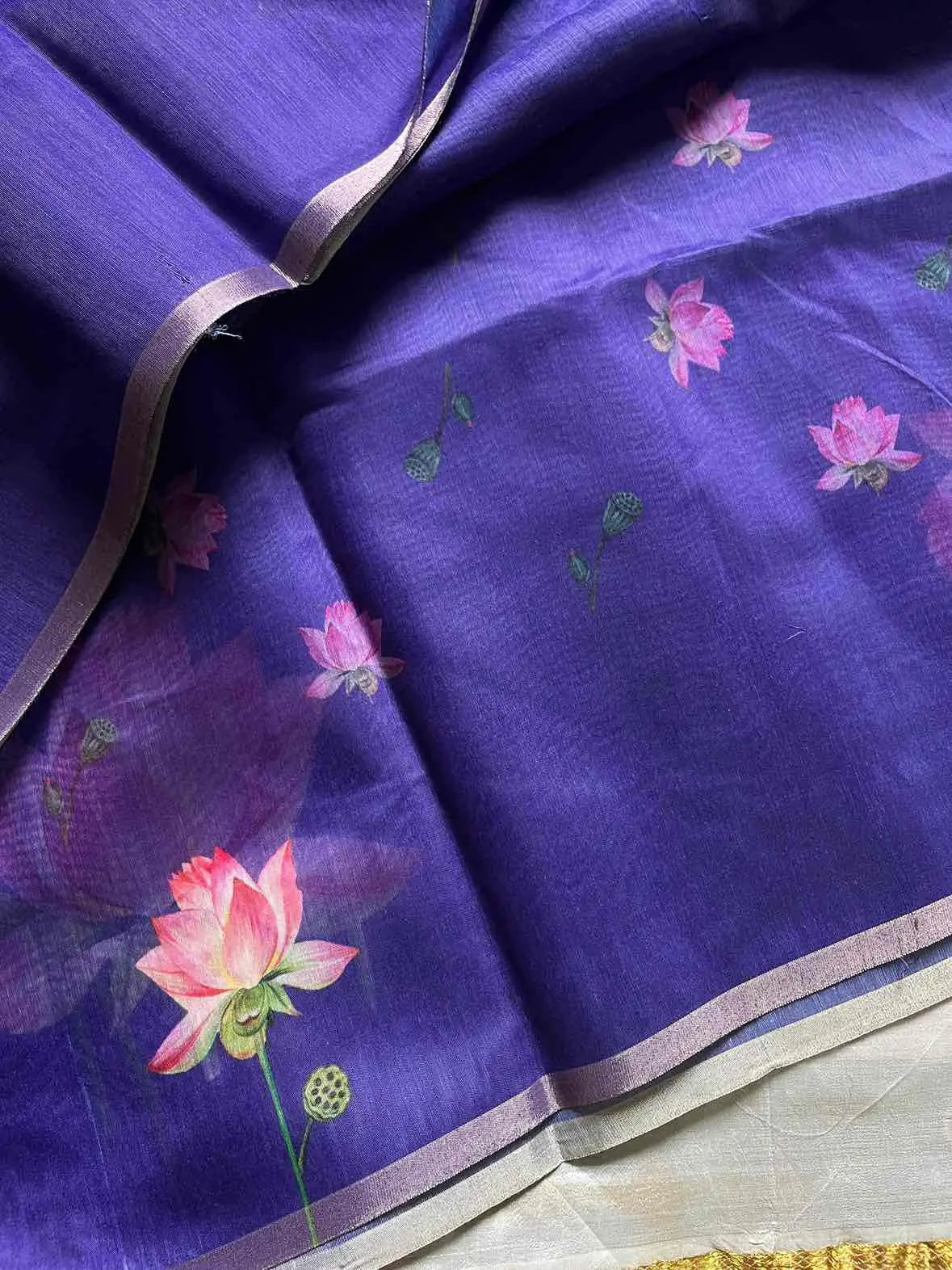 Soft Petal Drapes | Semi Chanderi Saree with Lotus Floral Prints | House of Thansha