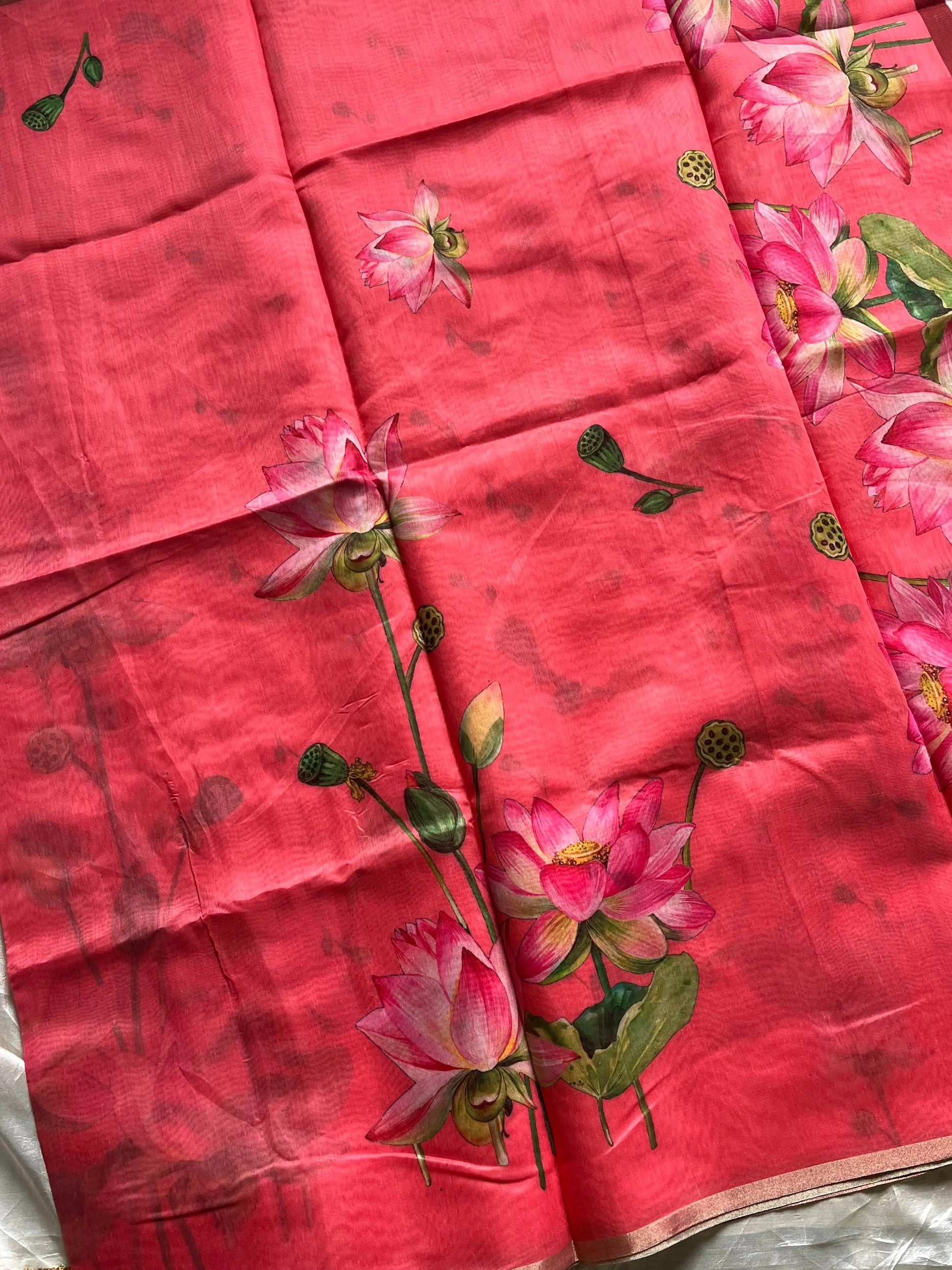 Soft Petal Drapes | Semi Chanderi Saree with Lotus Floral Prints | House of Thansha