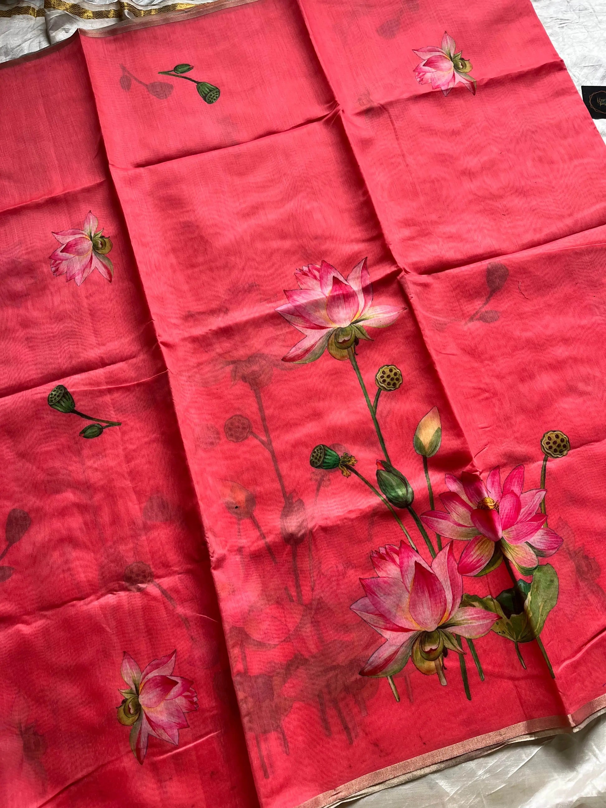 Soft Petal Drapes | Semi Chanderi Saree with Lotus Floral Prints | House of Thansha
