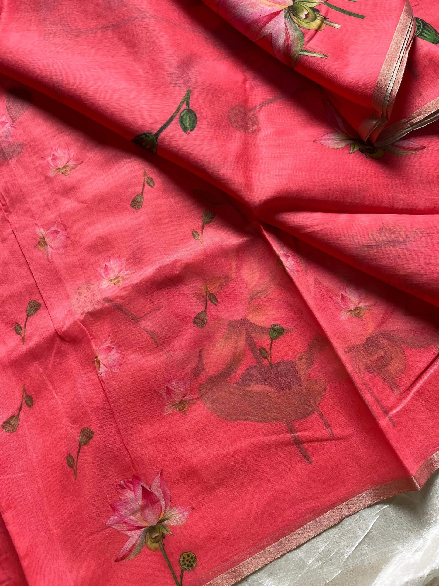 Soft Petal Drapes | Semi Chanderi Saree with Lotus Floral Prints | House of Thansha