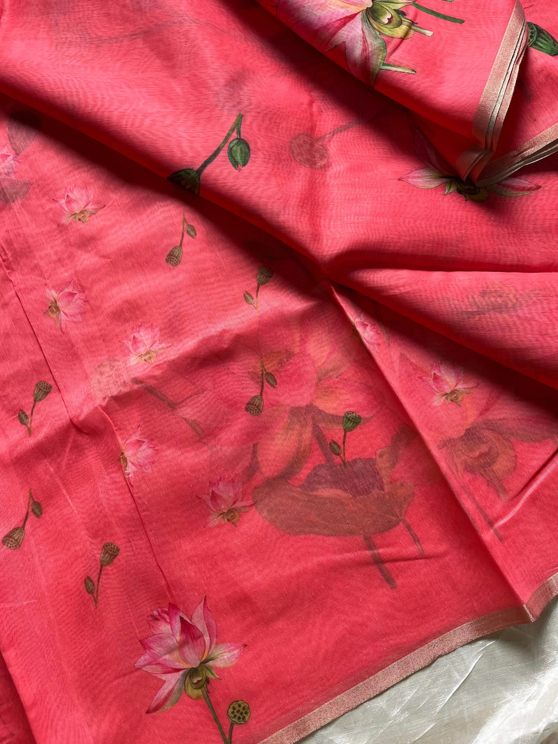 Soft Petal Drapes | Semi Chanderi Saree with Lotus Floral Prints | House of Thansha