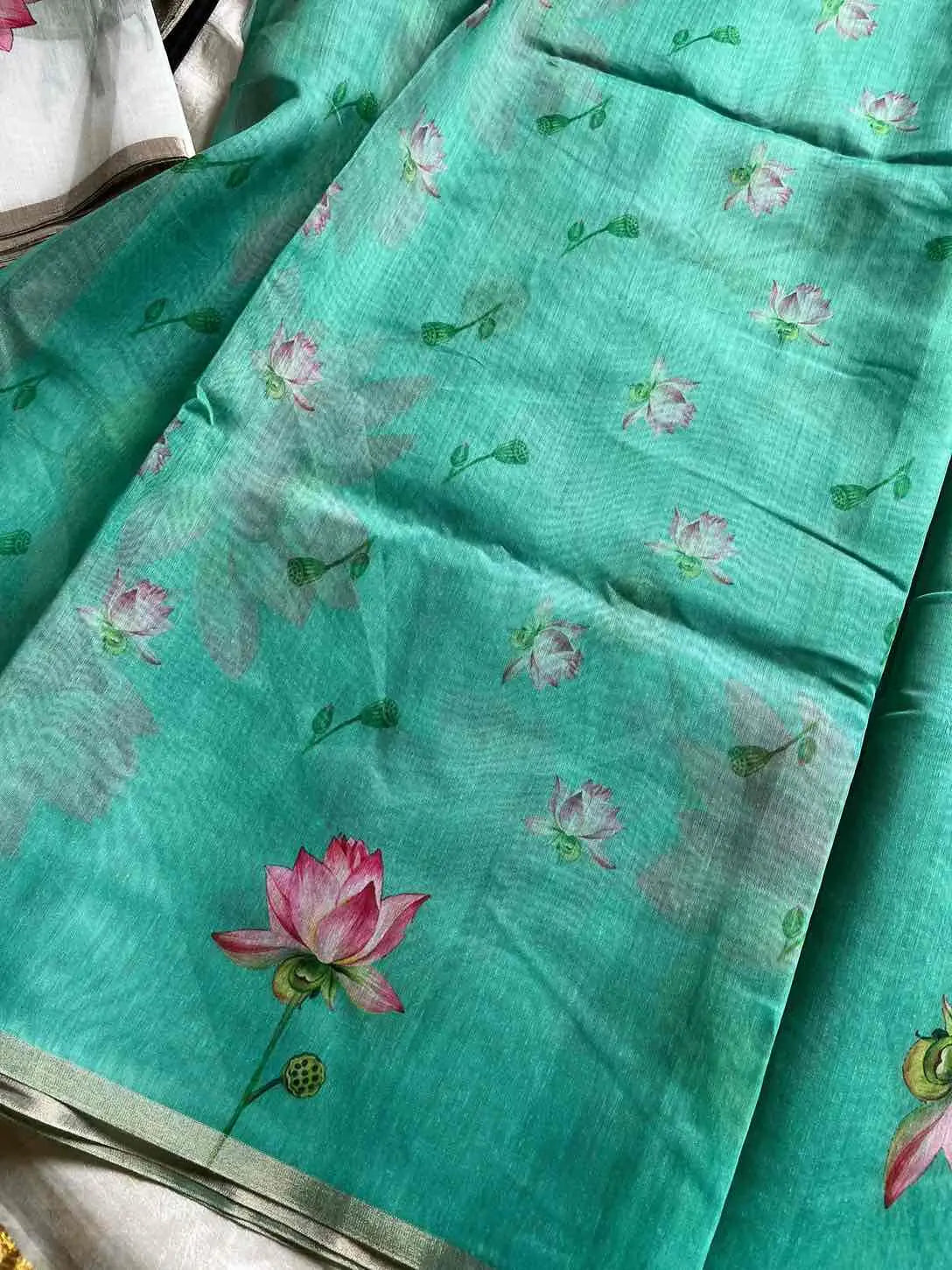 Soft Petal Drapes | Semi Chanderi Saree with Lotus Floral Prints | House of Thansha