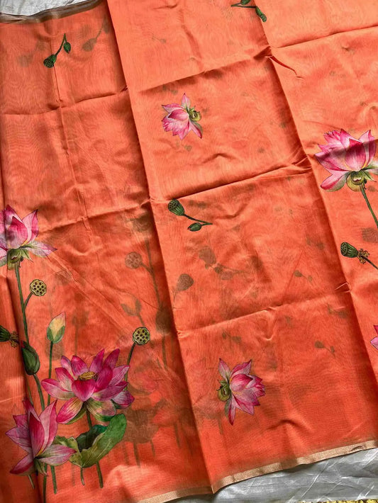 Soft Petal Drapes | Semi Chanderi Saree with Lotus Floral Prints | House of Thansha